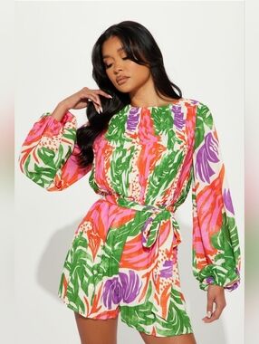 Fashion Nova Tropical Print Long-Sleeve Mini Dress - Green/Pink/Orange/Purple
